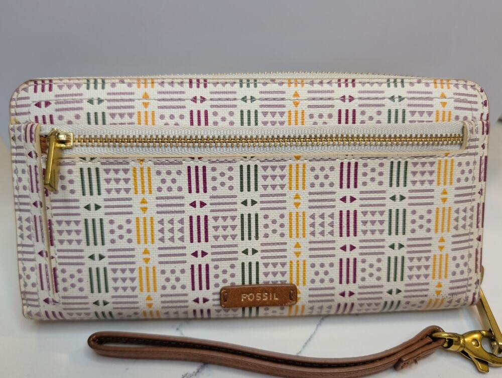 Fossil Logan Zip Around Clutch Wallet - Geometric Print, RFID, Canvas, Cream